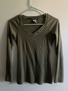Early 2000s Y2K olive green embellished v neck top M